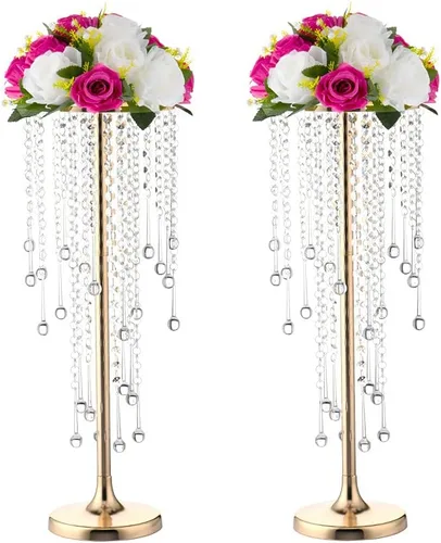 Vista 9 de Centros de mesa de boda dorados de 29.5 pulgadas para mesa, 2 jarrones altos, centros de mesa de boda con cuentas de cristal brillantes, soporte