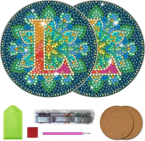 Vista 15 de Bysincy Juego de 2 posavasos de pintura de diamantes de 26 letras A-Z, 5D, arte de diamante, mosaico, alfabeto, kit por número para adultos y niños