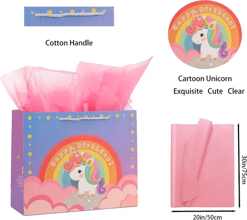 Vista 3 de jabberwpacking Bolsas de regalo grandes de 12.6 pulgadas con papel de seda para niñas, bolsa de regalo de cumpleaños de unicornio rosa