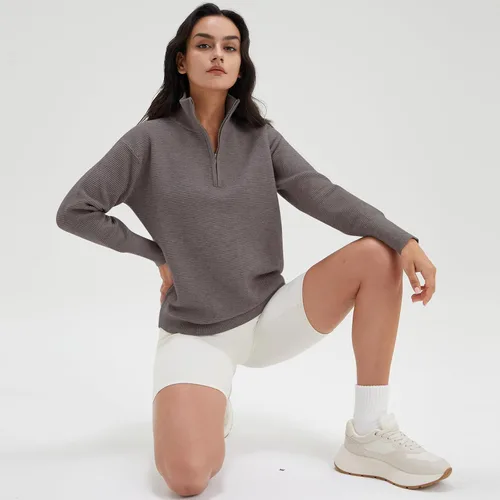 Vista 6 de DEEP SELF Otoño - Suéter elástico de manga larga con cuello en V y cremallera de 14 para mujer, suéteres sólidos de punto acanalado