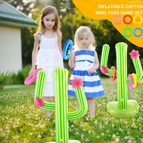 Vista 3 de 4 Set Inflatable Cactus Ring Toss Games Includes 4 Pcs 25 Inch Large Inflatable Cactus with 16 Pcs/ 20 Pcs Blow Up Ring Toss for Summer Pool Water