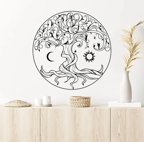 Vista 2 de Vinilo adhesivo para pared, diseño celta del árbol de la vida, símbolo, naturaleza, hadas, sol y luna, decoración grande (1359ig)