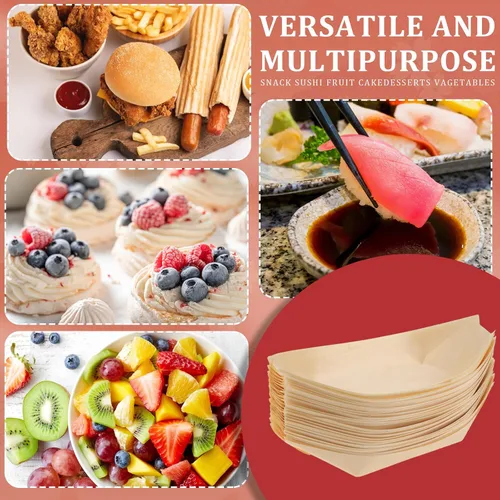 Vista 7 de Sliner 300 platos desechables de madera para barcos, platos de comida, barcos de madera, platos de sushi desechables a granel para catering y uso