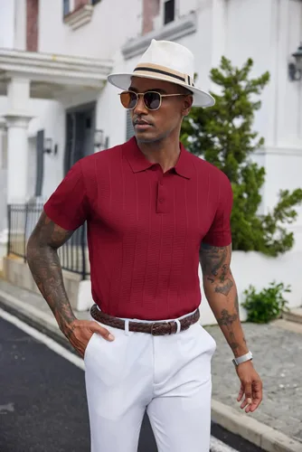 Vista 65 de COOFANDY Camisas polo de punto para hombre de manga corta con textura acanalada Camisas de golf casuales y ligeras con cuello Camiseta de polo