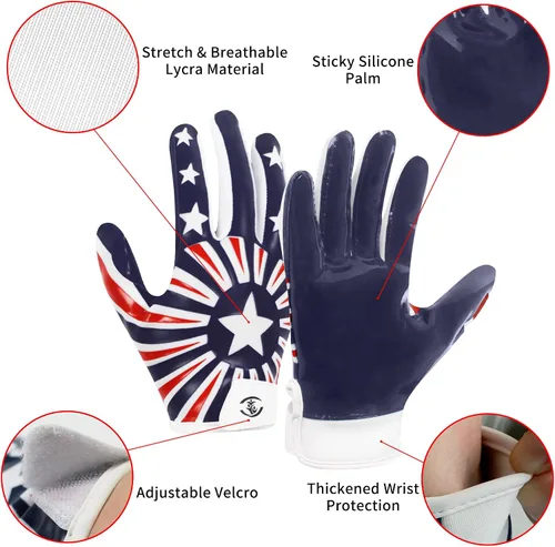 Vista 4 de Guantes de fútbol americano para niños, guantes receptores de fútbol americano juvenil, excelente agarre con silicona adhesiva, antideslizantes