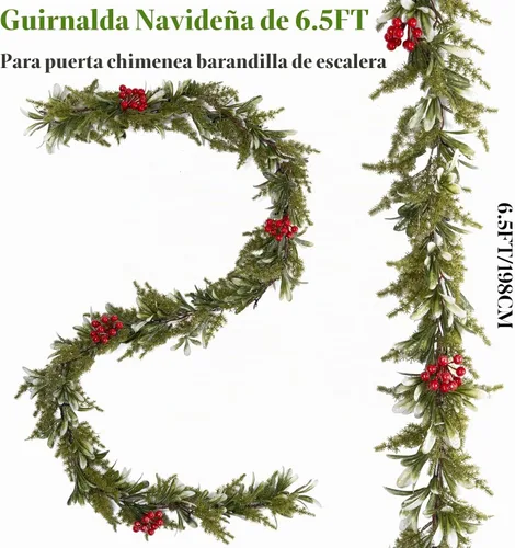 Vista 6 de Guirnalda de Navidad preiluminada de 6.5 pies con luces, guirnalda de olivo verde artificial con bayas rojas, funciona con pilas, guirnalda de pino