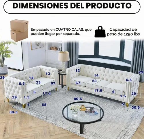 Vista 2 de Juego de 2 sofás de terciopelo beige de 81 pulgadas de 3 plazas, botones copetudos y brazo cuadrado, cabezas de uñas doradas con incrustaciones y 4