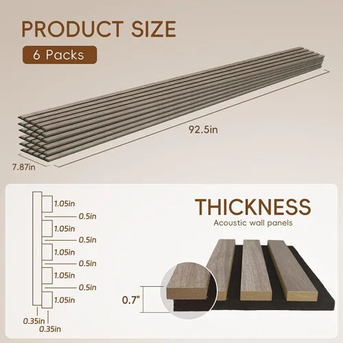 Vista 2 de EVERECO Paquete de 6 paneles acústicos de pared con listones de madera de 92.5 x 7.87 pulgadas, paneles de pared 3D absorbentes de sonido