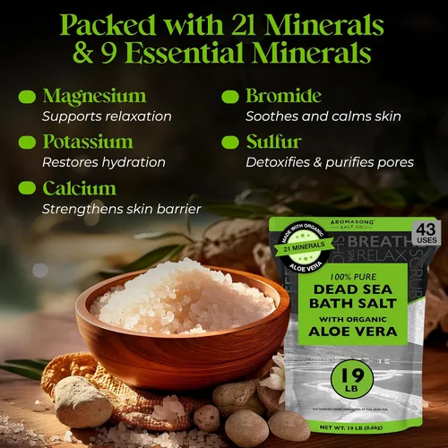 Vista 4 de Aromasong Sal del Mar Muerto con aloe vera orgánico, sales de baño de spa, paquete resellable fino a granel de 19 libras, 100% pura y natural