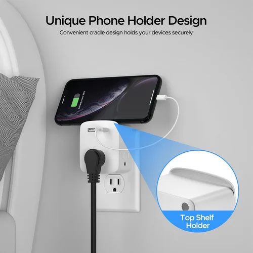 Vista 3 de Extensor de salida aprobado para cruceros, regleta de alimentación sin sobretensiones con 3 salidas de CA y 2 USB (1 USB-C), adaptador de enchufe