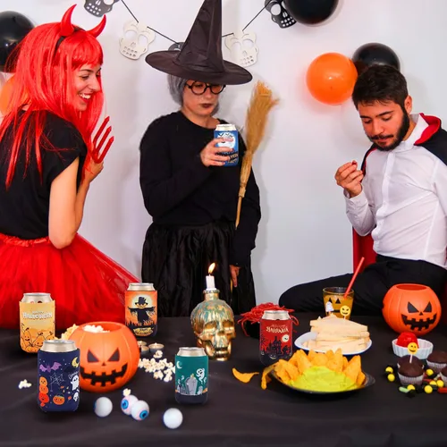 Vista 5 de 12 fundas para latas de Halloween, de 12 onzas, fundas para enfriadores de latas de Halloween, casas encantadas, fantasma, gato negro, calabaza
