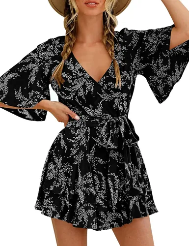 Vista 4 de Relipop Enterizo de verano para mujer, diseño floral, cuello en V, manga corta, cintura con nudo y dobladillo con volantes, overol corto casual