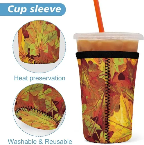 Vista 3 de Autumn Leaves Reusable Insulated Neoprene Iced Coffee Cup Sleeves 3 Sizes Diving Material Cup Durable Beverage Covers for Cold Coffee Tea Drinks