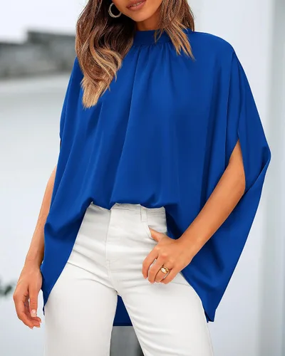 Vista 15 de BTFBM Blusas de verano para mujer, cuello alto falso, manga murciélago, holgadas, dobladillo alto y bajo, blusas informales de gran