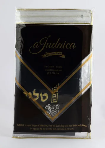 Vista 3 de aJudaica Bolsa Tallit de terciopelo con diseño de flor de lis, con protector de plástico, color azul oscuro, Azul oscuro
