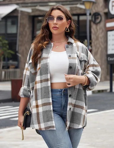 Vista 5 de IN'VOLAND Chaqueta de franela a cuadros de manga larga con botones para mujer, tallas grandes, blusas casuales de otoño