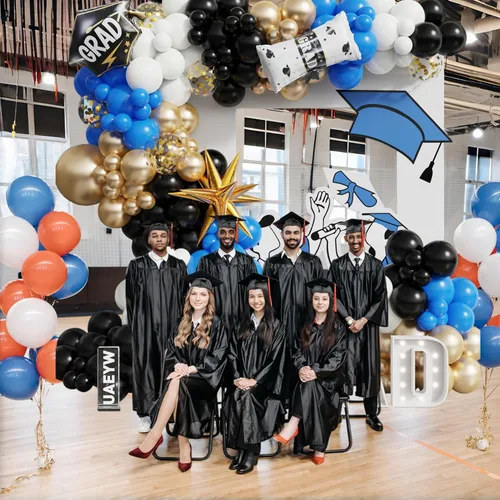 Vista 4 de Kit de arco de globos de graduación de 163 piezas, decoraciones de graduación 2026 con globos negros, dorados, azules y blancos, tapa de graduación