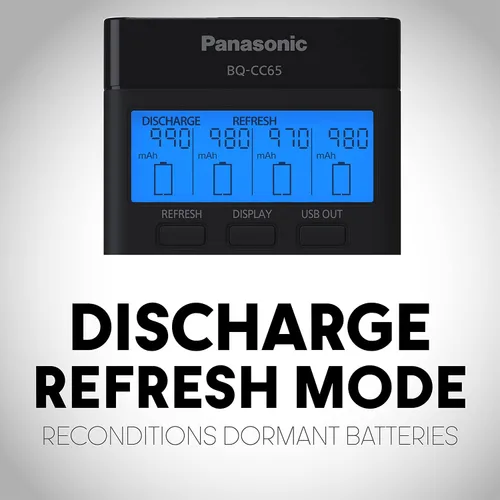 Vista 4 de Panasonic K-KJ65KHA4BA Cargador rápido súper avanzado de 4 posiciones con panel indicador LCD, puerto de carga USB y 4AA eneloop pro