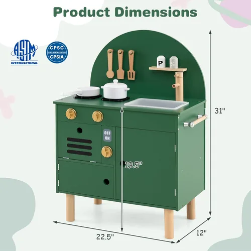 Vista 7 de Costzon Juego de cocina para niños, cocina con estufas, grifo, fregadero, microondas, gabinete, horno y accesorios de cocina, cocina de madera