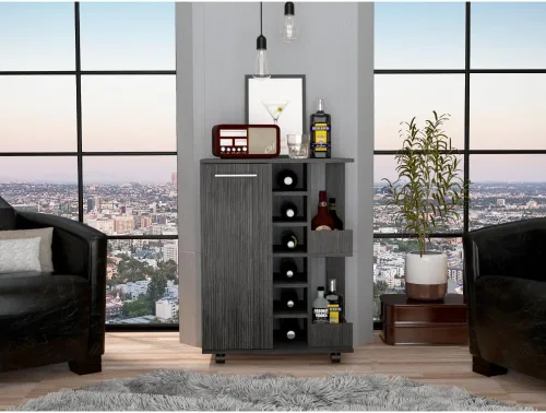 Vista 2 de Tuhome Furniture Carrito de bar con ruedas para vino y licor con puerta, 2 estantes cerrados, 6 cubos y 2 estantes laterales de exhibición