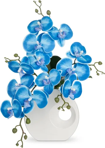 Vista 7 de Briful Flores de orquídea artificiales en jarrón de cerámica moderna de 40 cm de altura, arreglo de orquídea azul falsa de seda, flor de orquídea