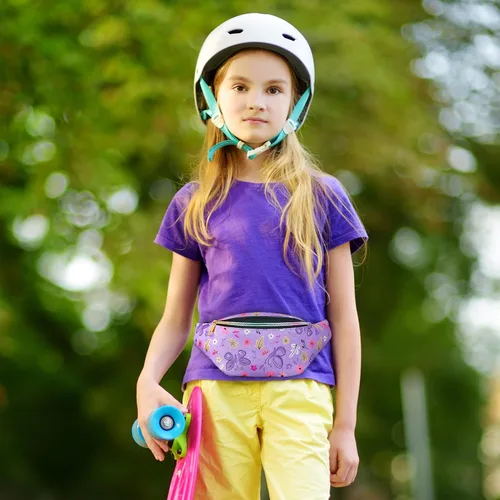 Vista 3 de QtGirl Riñonera para niños, bolsa de cintura con purpurina brillante con cinturón ajustable para niños, correr, acampar, viajes