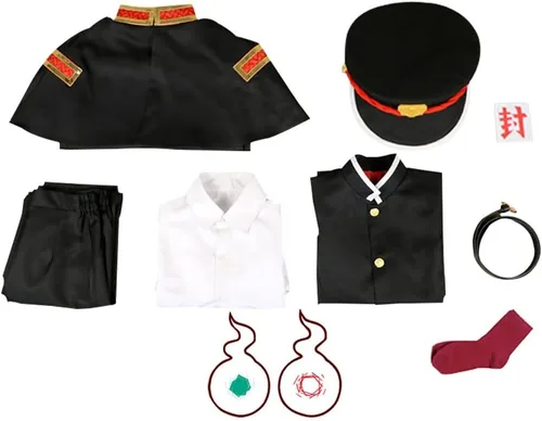 Vista 3 de Okazaki Disfraz de cosplay de Hanako Kun, conjunto completo de uniforme escolar, conjunto completo de Halloween con sombrero Hanako(con capa)