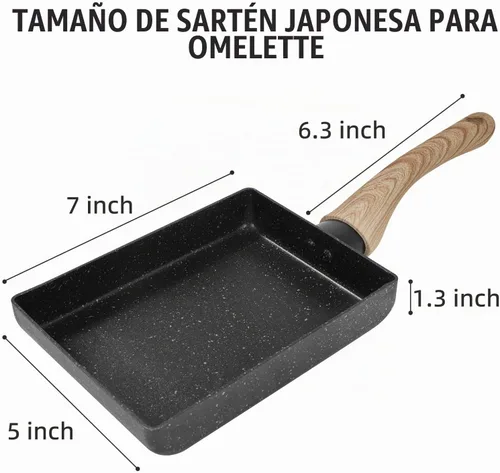 Vista 2 de Sartén de tortilla japonesa,Sartén antiadherente para huevos Tamagoyaki,Sartén rectangular pequeña con tapa,Espátula de silicona y cepillo Negro