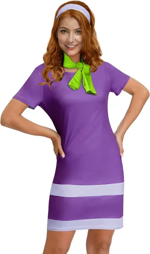 Vista 2 de For G and PL Disfraz de Halloween de manga corta para mujer, minivestido morado con bufanda y diadema