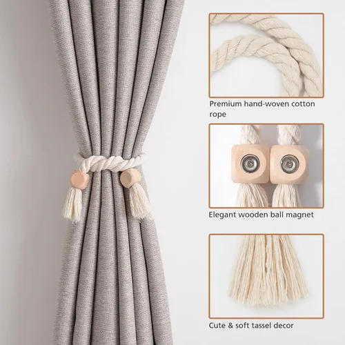 Vista 2 de NICEEC 2 Pack de Alzapaños Magnéticos de Madera en Forma de Cubo Boho para Decoración del Hogar, Alzapaños de Lino Tejidos a Mano para Cortinas Beige