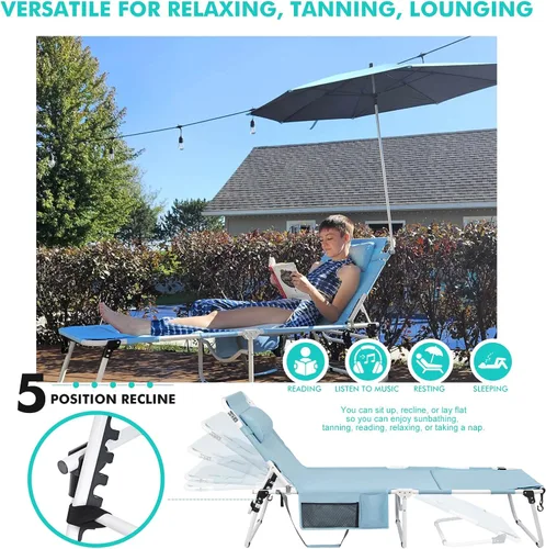 Vista 8 de Silla de bronceado con paraguas UPF 50+ ajustable, tumbona plegable resistente para exteriores, reclinable, 5 posiciones, para tomar el sol, tomar