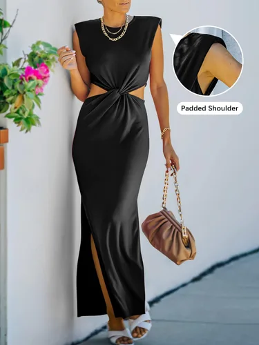 Vista 2 de ANRABESS Women Summer Sleeveless Padded Shoulder Sexy Cutout Waist Bodycon Formal Party Maxi Dress with Slit for Cruise Beach