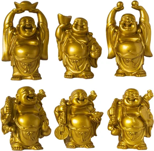 Vista 12 de Juego de 6 estatuas chinas de Buda de la suerte que ríe de resina, figuras de Buda feliz Feng Shui para la suerte, riqueza, buen regalo y colección