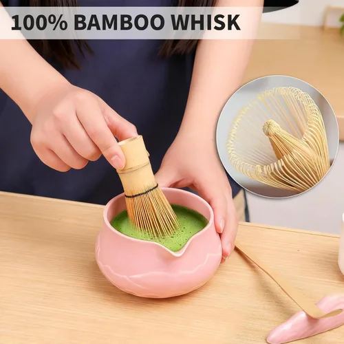 Vista 10 de Juego de 8 piezas de batidor de matcha con cuenco de cerámica, cuchara, descanso, tamiz, tapete de té, tarjeta de felicitación, soporte