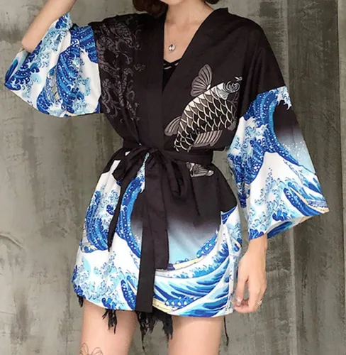 Vista 3 de LAI MENG FIVE CATS Kimono japonés de playa de ajuste holgado para mujer