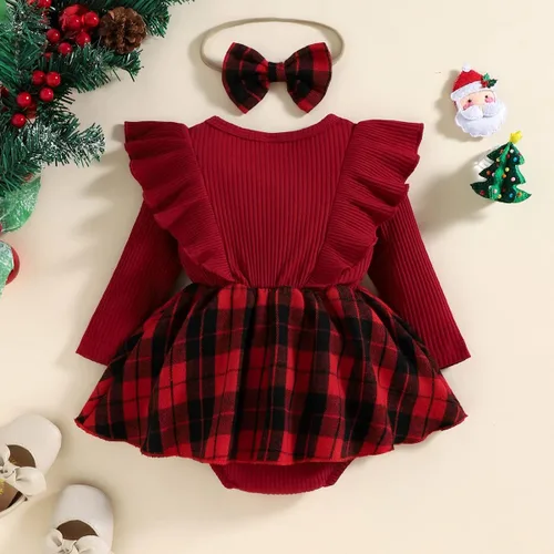 Vista 14 de Mameluco de Navidad para niñas recién nacidas, falda de malla de terciopelo rojo, traje de primera Navidad, regalo de Navidad