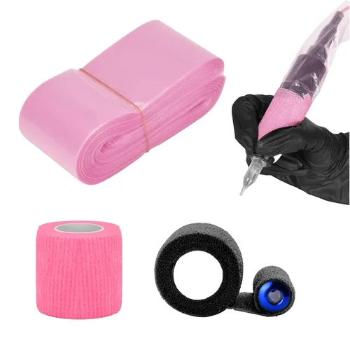 Vista 9 de ATOMUS 100 fundas de cordón con clip de tatuaje con 2 piezas de vendaje autoadhesivo, bolsas de plástico desechables, bolsa para bolígrafo