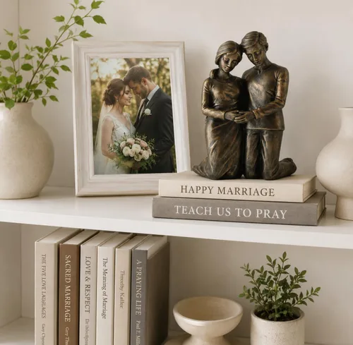 Vista 4 de Figura arrodillada de marido y esposa rezando, estatua de resina de 6.25 pulgadas, regalo religioso para parejas, decoración cristiana del hogar