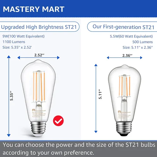 Vista 7 de MASTERY MART Bombilla LED de 100 W, bombillas Edison, bombillas regulables E26, 2700 K, blanco suave brillante, 9 W, 1100 lúmenes, bombilla vintage