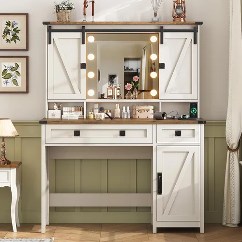 Vista 2 de MSmask Tocador estilo granja con espejo y luces, tocador de maquillaje de 41" con puerta corredera y estación de carga, mesa de tocador grande