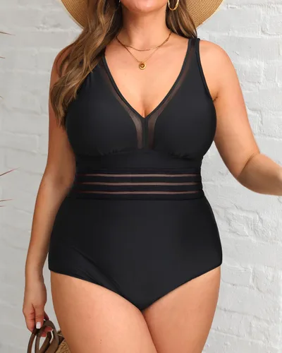 Vista 6 de Daci - Trajes de baño de una pieza para mujer talla extra grande, sexy con huecos, traje de baño con cuello en V Un negro