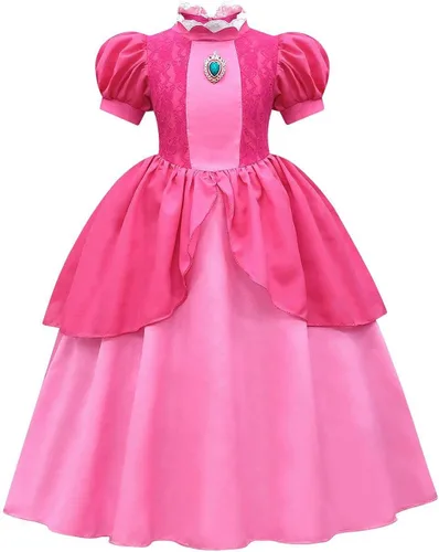 Vista 2 de Thombase Super Bros - Disfraz clásico de princesa melocotón para niñas, disfraz de encaje de lujo con corona