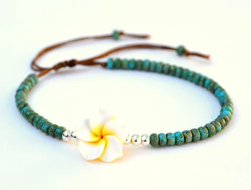 Vista 6 de Boho Beaded Anklet for Women and Teen Girls, Unique Bohemian Turquoise and Sterling Silver Beaded Anklet with Hawaii Hawaiian Plumeria Flower