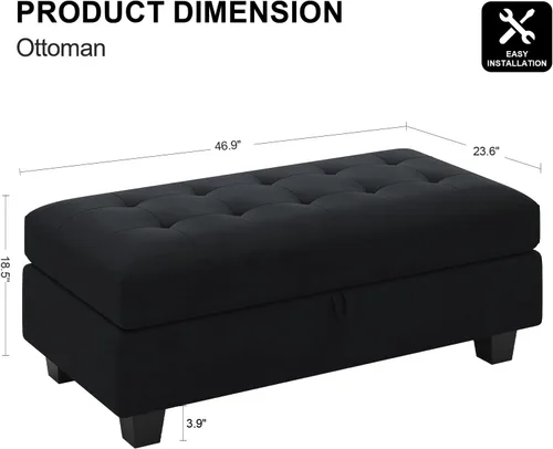 Vista 2 de Belffin Banco otomano rectangular de gran tamaño con almacenamiento, reposapiés tapizado de terciopelo para sala de estar y dormitorio (negro)
