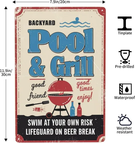 Vista 3 de Póster de metal para fiesta en la piscina, 8 x 12 pulgadas, "Parrilla y natación en su propio riesgo", arte retro para pared al aire libre