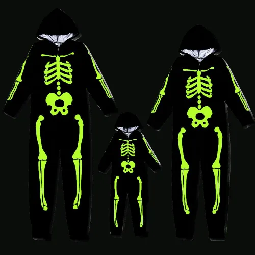 Vista 6 de Pijamas de Halloween a juego para la familia, divertido esqueleto impreso con cremallera pijamas Halloween cosplay disfraz para hombresmujeresniños