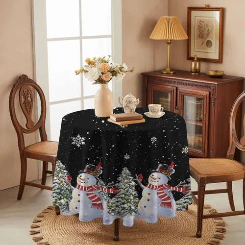 Vista 4 de Mantel redondo negro de Navidad, impermeable y resistente a las manchas, mantel lavable sin arrugas para comedor, fiesta, boda, muñeco de nieve