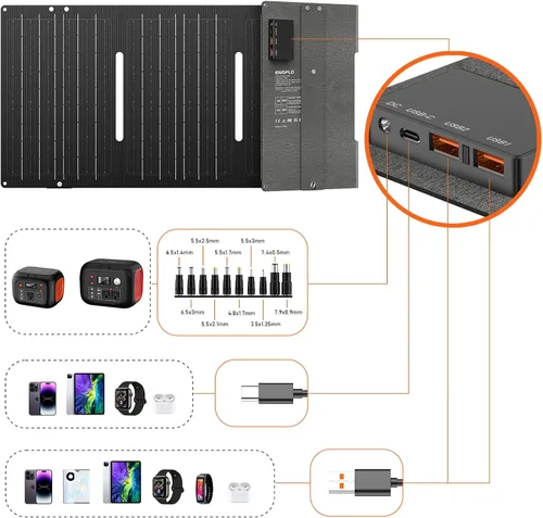 Vista 6 de Cargador de panel solar plegable portátil de 60 W para acampar al aire libre 12 voltios impermeable de alta eficiencia Kit de panel solar y estación