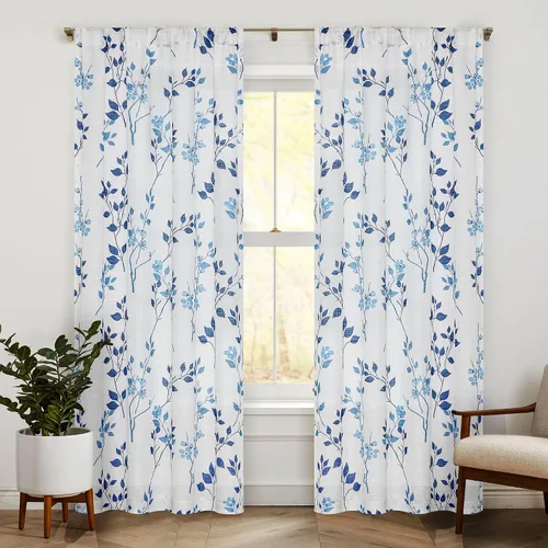 Vista 13 de Beauoop Juego de 2 cortinas semitransparentes de lino floral para sala de Clásico azul y gris