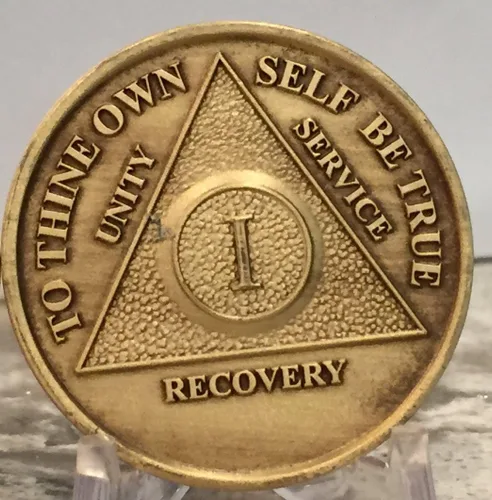 Vista 5 de Juego de 3 medallones AA de bronce de 1 año de sobriedad de aniversario de oración de serenidad